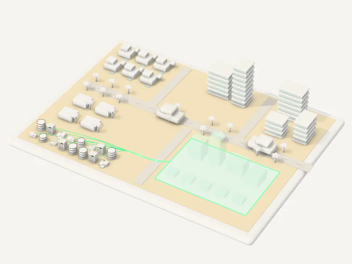 A paper model of a master-planned community: roads, villas, blocks and palms; on one plot, outlined in mint, the community the model drew stands in glass, fed by sixteen systems at the edge