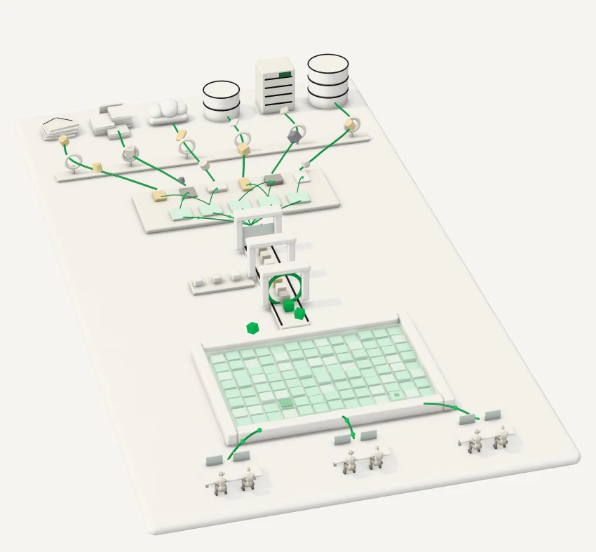 A paper model of Aleria Fusion: six systems at the top, each line passing a permission gate, a table that maps their fields to one schema, a rail through cleaning, joining and a quality check, and a lake of records with three teams beside it.