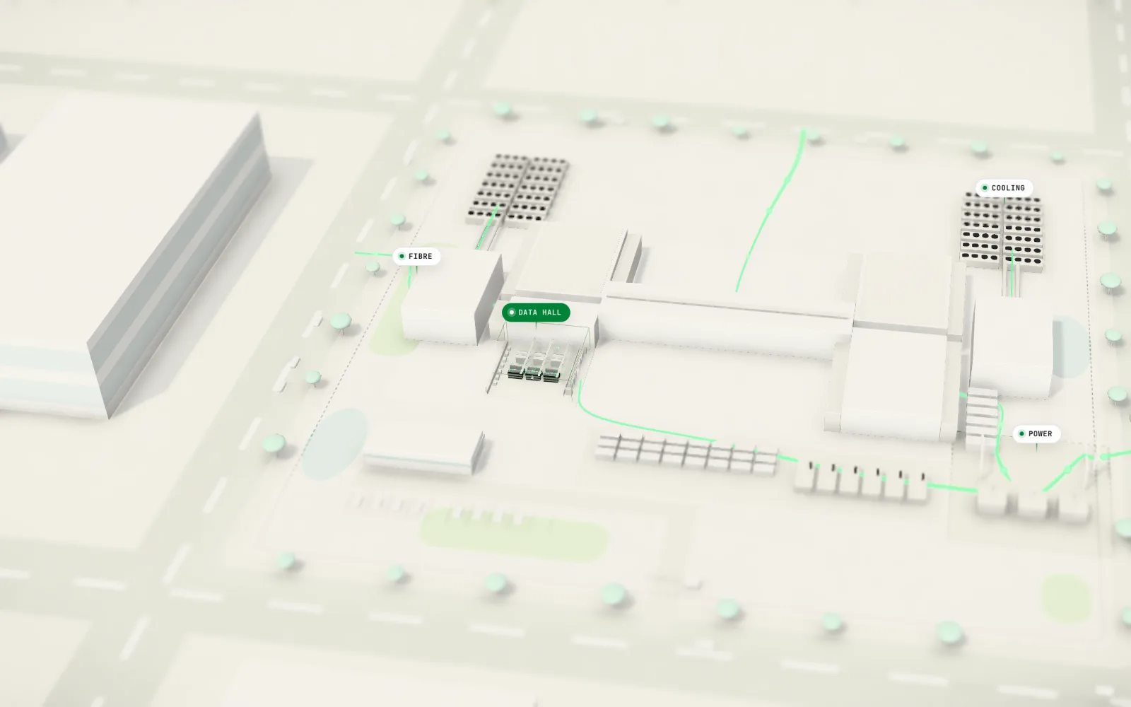 An AI data center campus: compute halls joined by a network spine, a substation, battery storage and fields of dry coolers