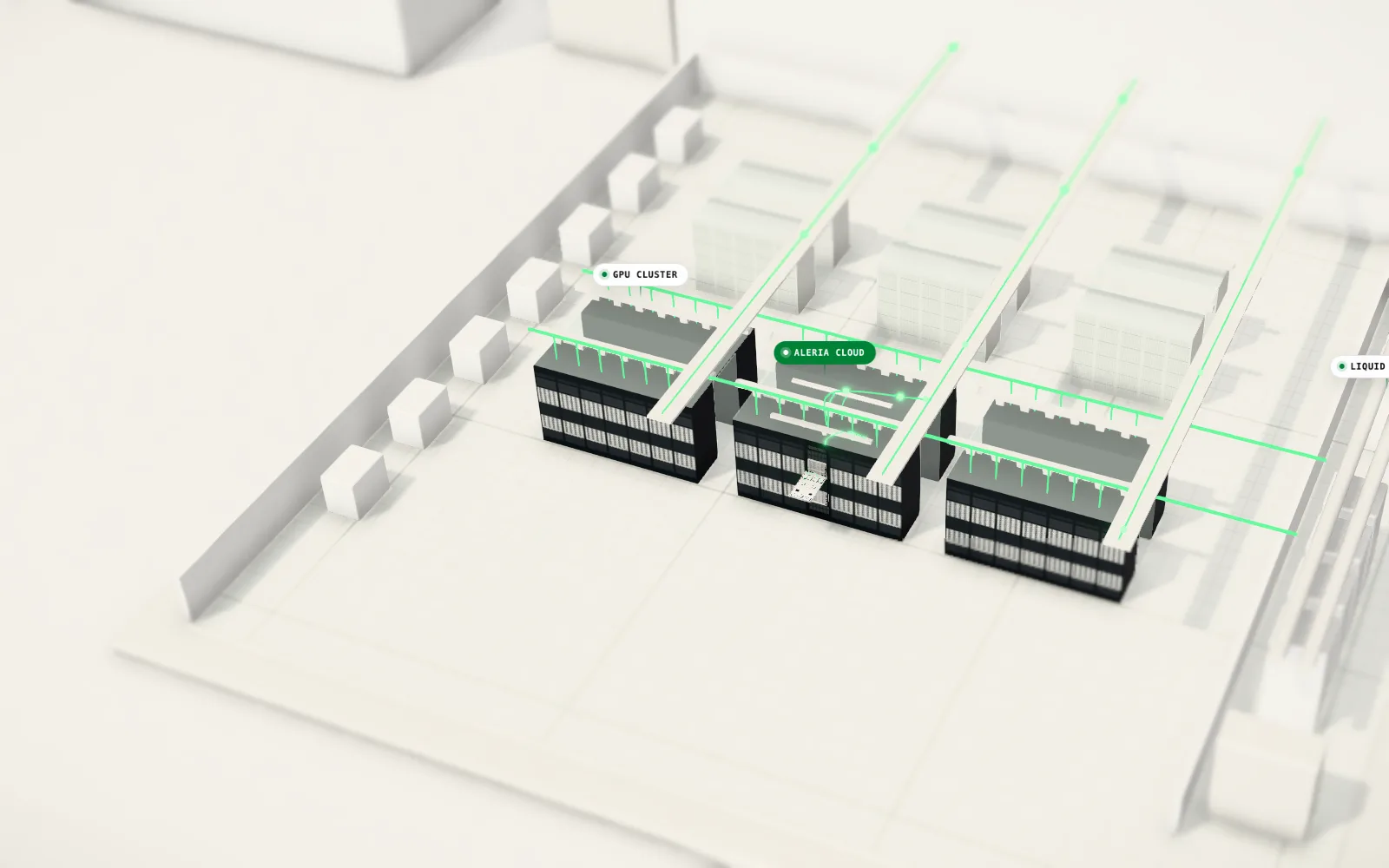 A data hall with liquid-cooled racks in sealed pods, coolant and fibre overhead