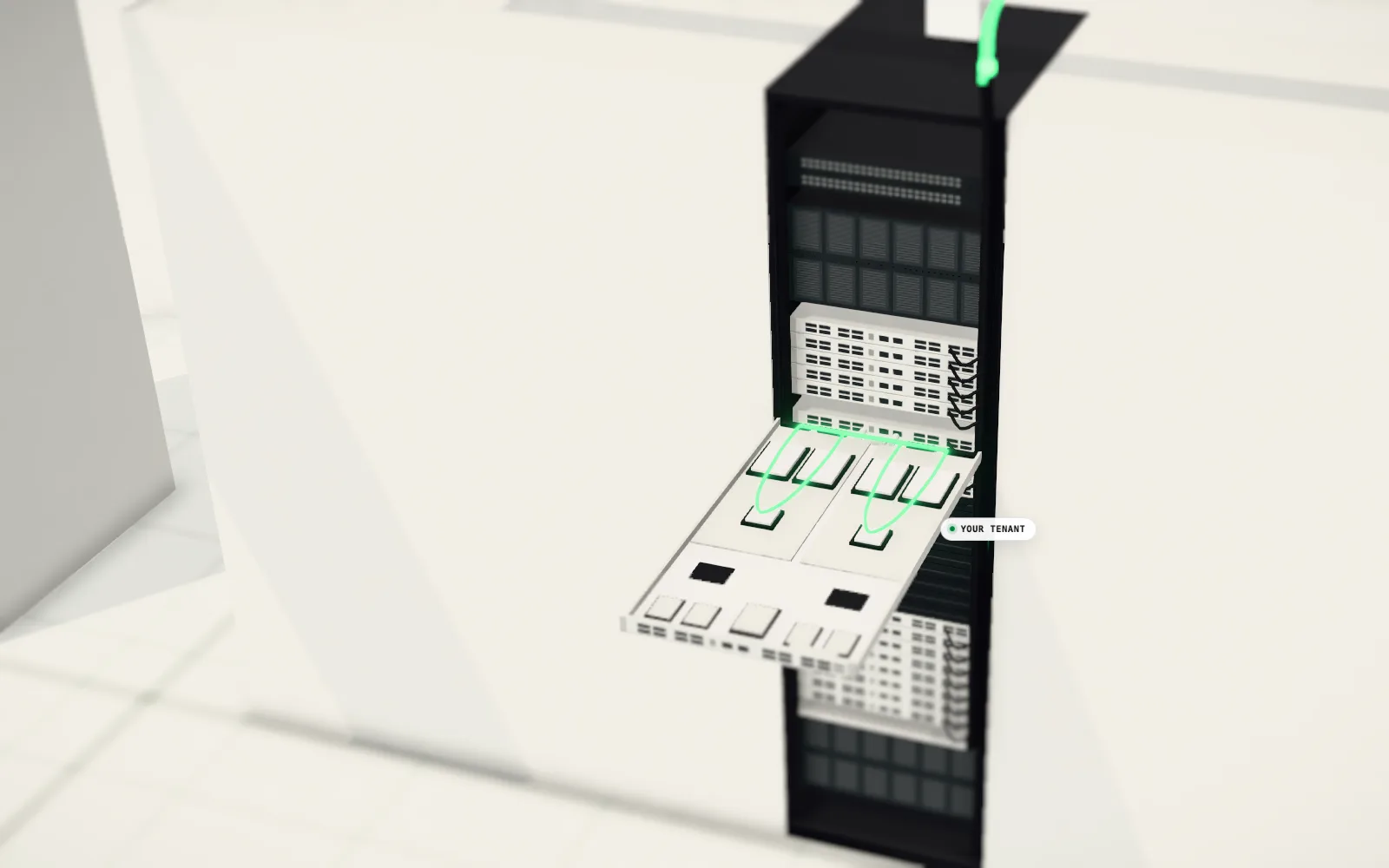One rack with a compute tray pulled out: two CPUs and four GPUs under cold plates