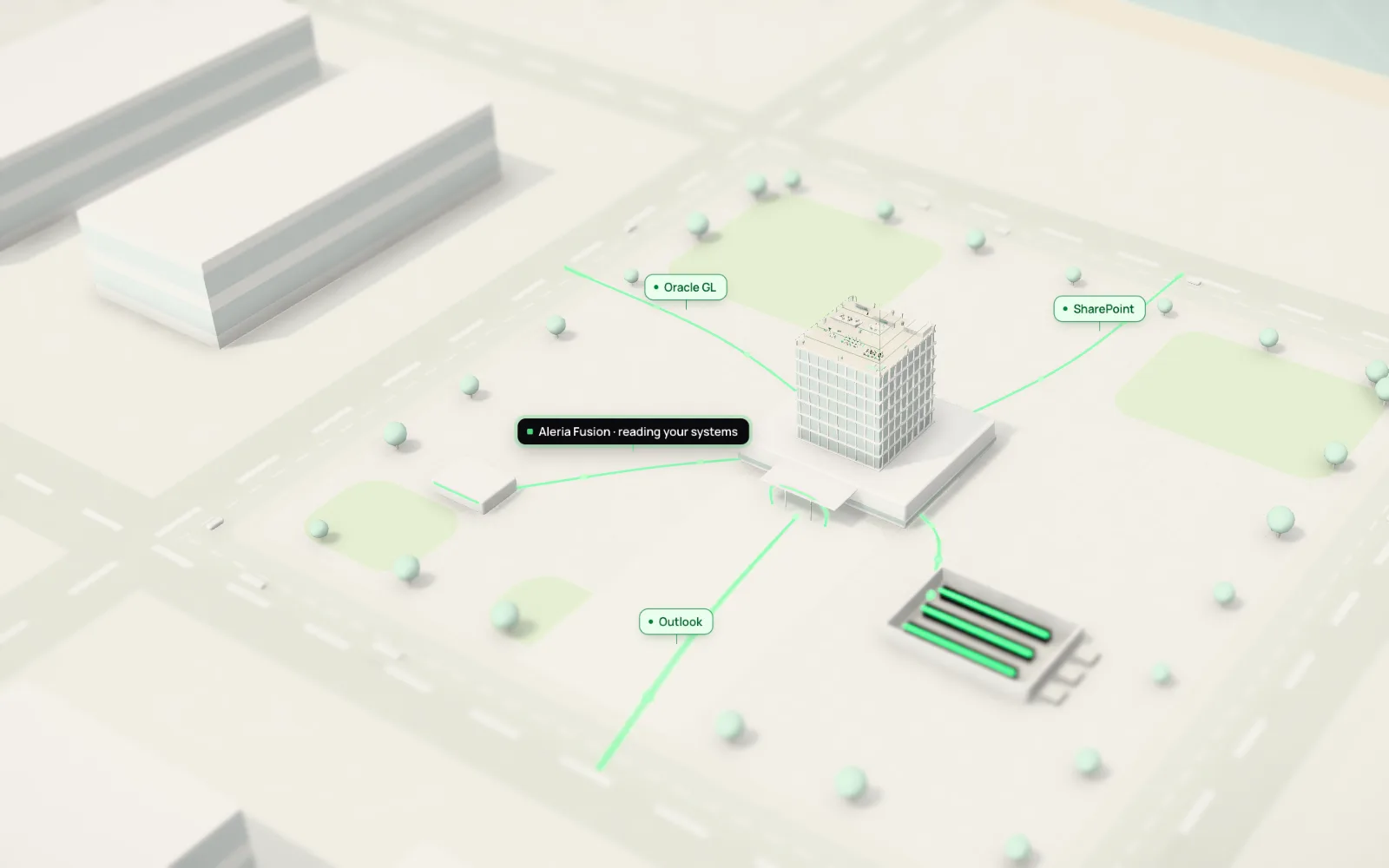 The company building, its systems connected through Aleria Fusion