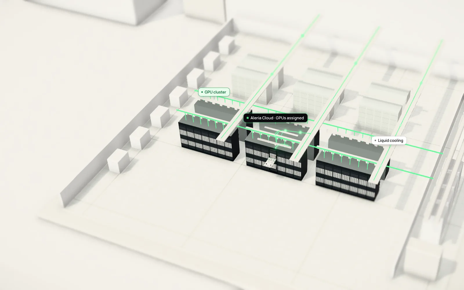 A data hall with rows of GPU racks run as Aleria Cloud