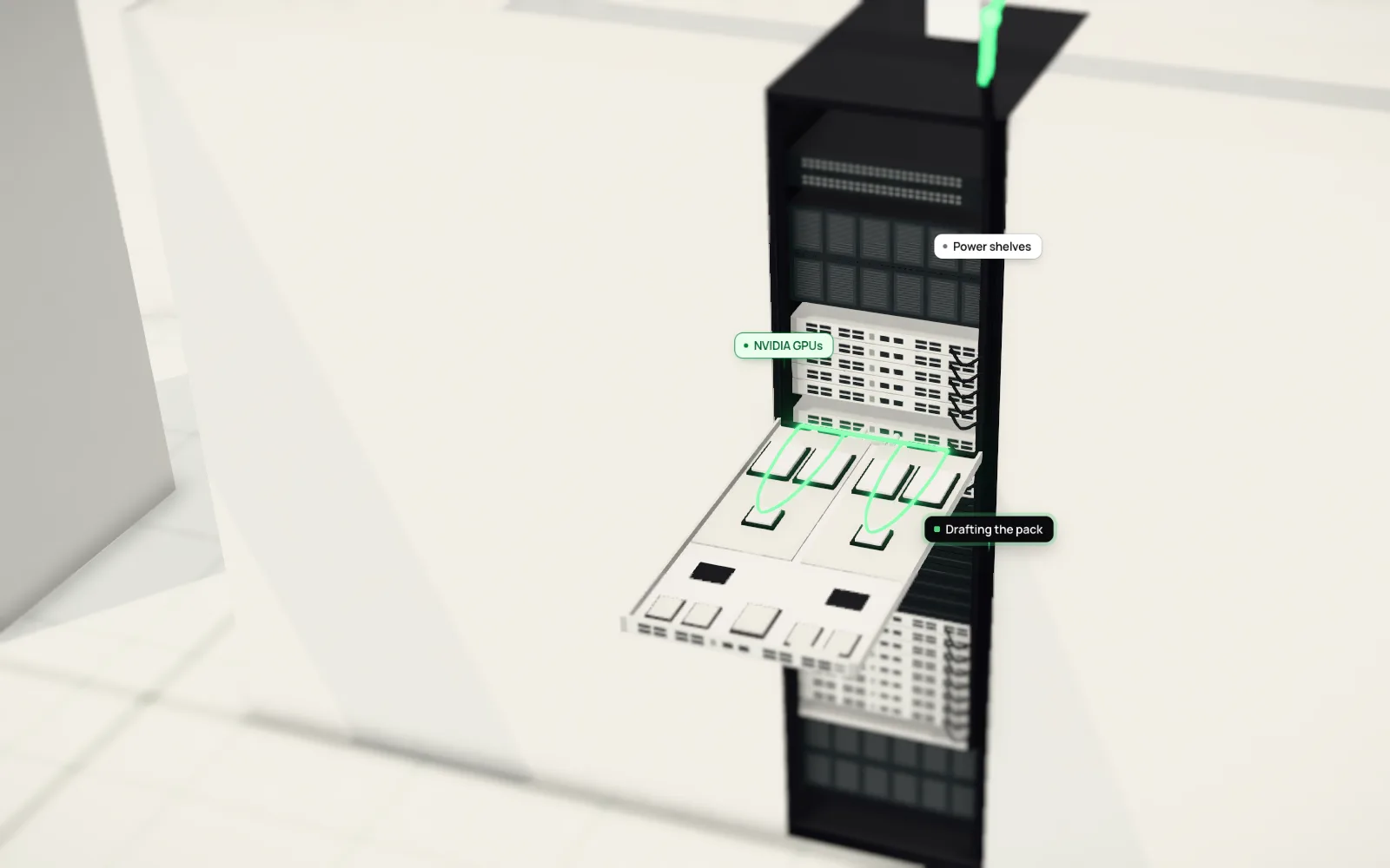 One rack with a tenant's NVIDIA GPU tray pulled out